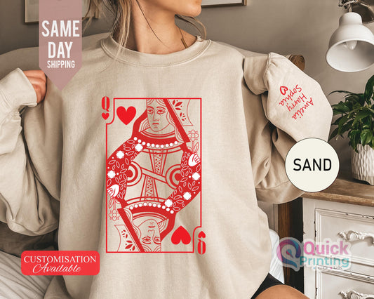 Queen of Hearts Sweatshirt Name on the sleeve, Valentines day sweatshirt, Valentine’s Day Love Sweatshirt, Personalized Valentine Sweatshirt