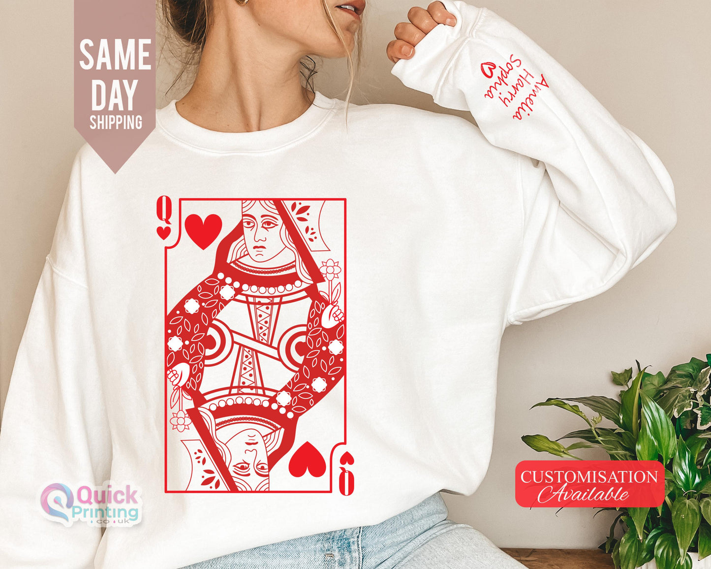 Queen of Hearts Sweatshirt Name on the sleeve, Valentines day sweatshirt, Valentine’s Day Love Sweatshirt, Personalized Valentine Sweatshirt