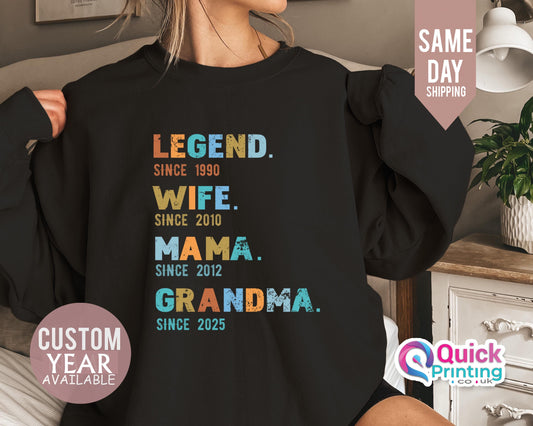 Legend Wife Mama Sweatshirt 2026, Customized Seater, Funny Mama Birthday Gift For Women, Personalized Gifts for Grandma, Ladies Sweatshirt