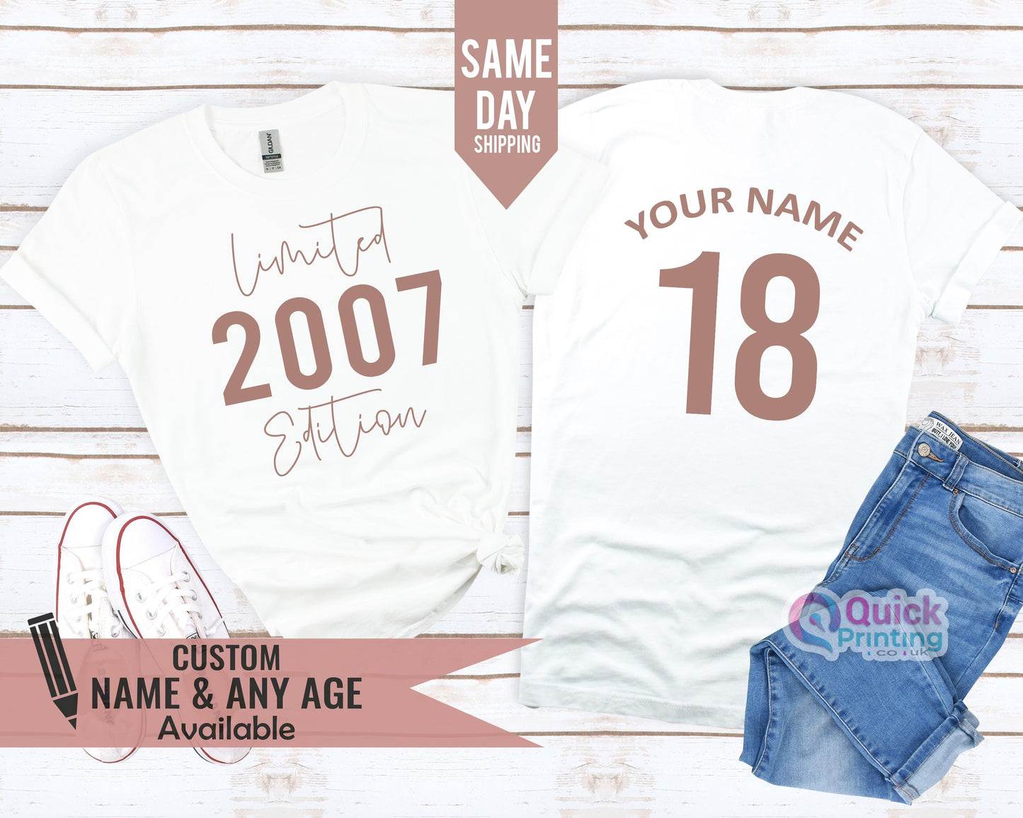 Personalized 18th Birthday T-shirt: Rose Gold Print, Custom Name & Age