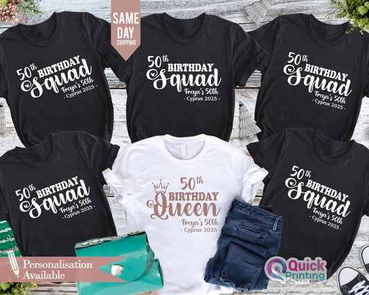 50th Birthday Queen, girls 50th birthday t-shirts 2025, Birthday Squad Personalised Matching T-Shirts, Party Tees, Birthday Trip Custom Tees
