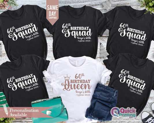 60th Birthday Queen, girls 60th birthday t-shirts 2025, Birthday Squad Personalised Matching T-Shirts, Party Tees, Birthday Trip Custom Tees