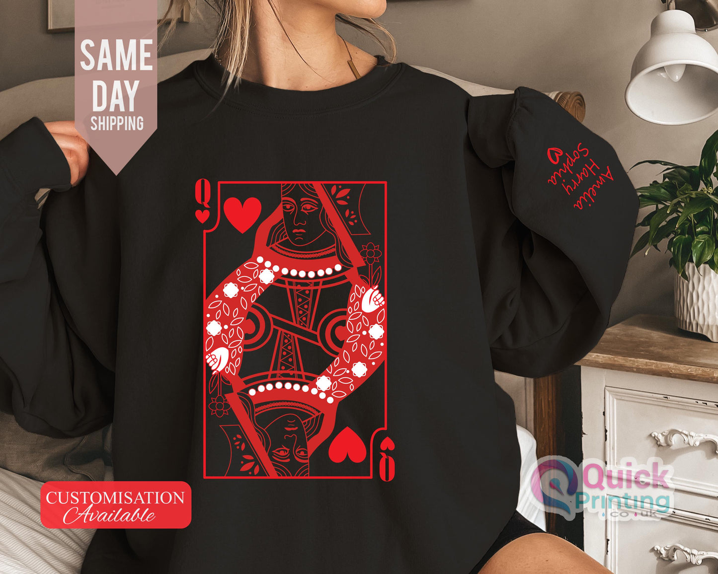 Queen of Hearts Sweatshirt Name on the sleeve, Valentines day sweatshirt, Valentine’s Day Love Sweatshirt, Personalized Valentine Sweatshirt