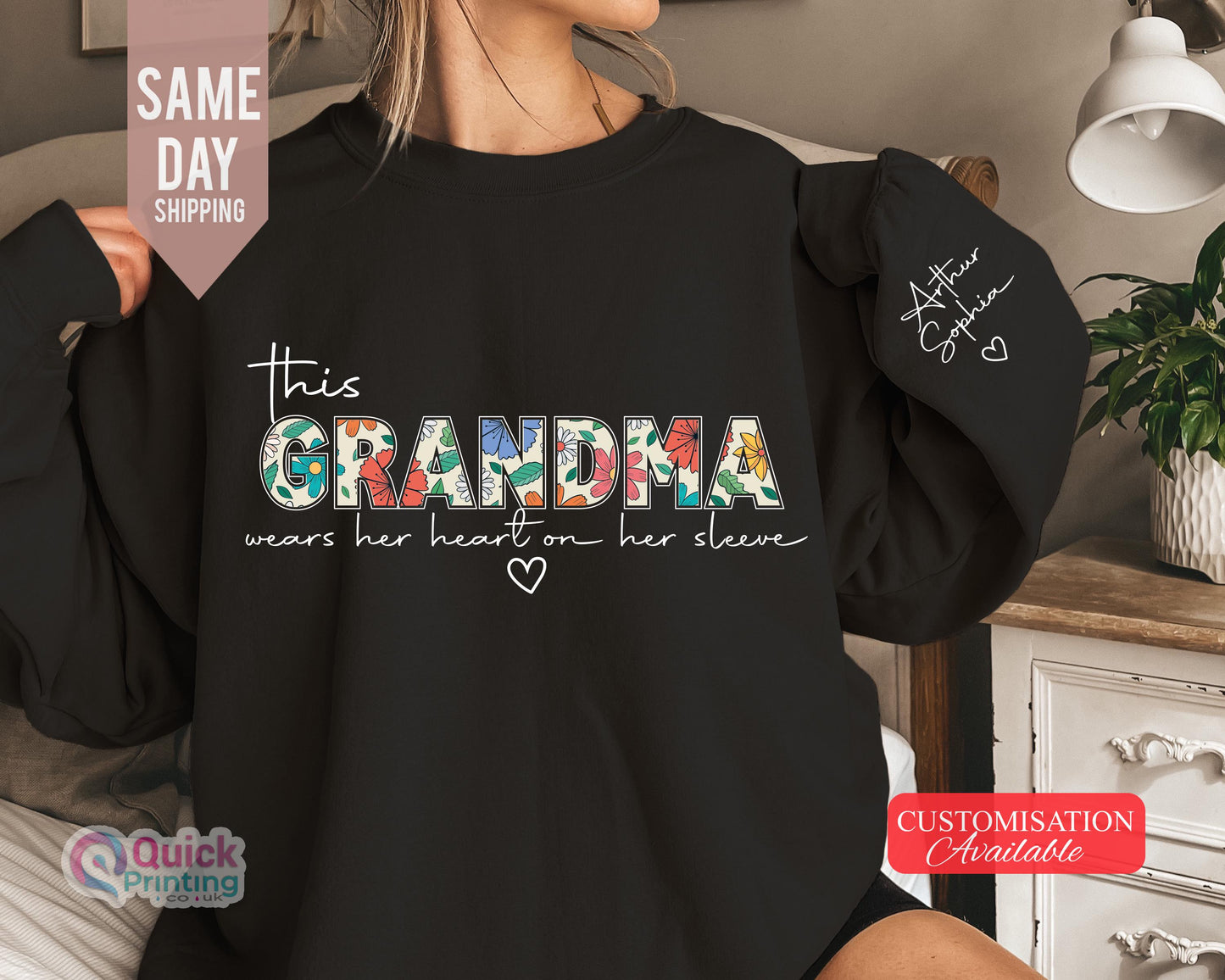 Grandma sweatshirt, Christmas Gift for Granny, Custom Sweatshirt for Grandma, I Wear My Heart On My Sleeve, Sweatshirt with  Name on Sleeve