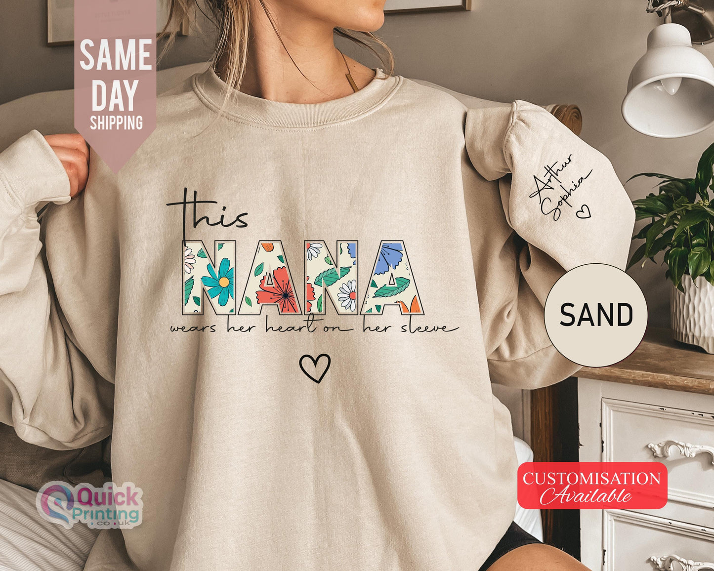 Nana sweatshirt 2025, Christmas Gift for Granny, Custom Sweatshirt for Nana, I Wear My Heart On My Sleeve, Sweatshirt with  Name on Sleeve