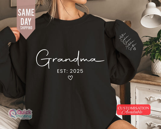 Personalized Grandma Sweatshirt Est Year with Grandkids Names on Sleeve, Birthday Gift for Grandma, New Grandma Sweater, Mothers Day Gift