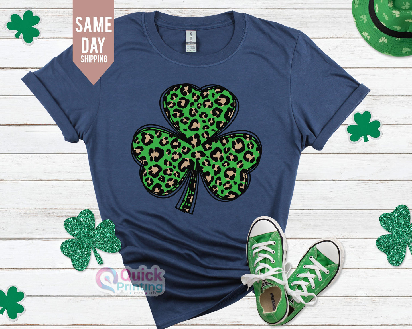 Shamrock T-Shirt: Glitter Leopard Clover, St Patricks Day