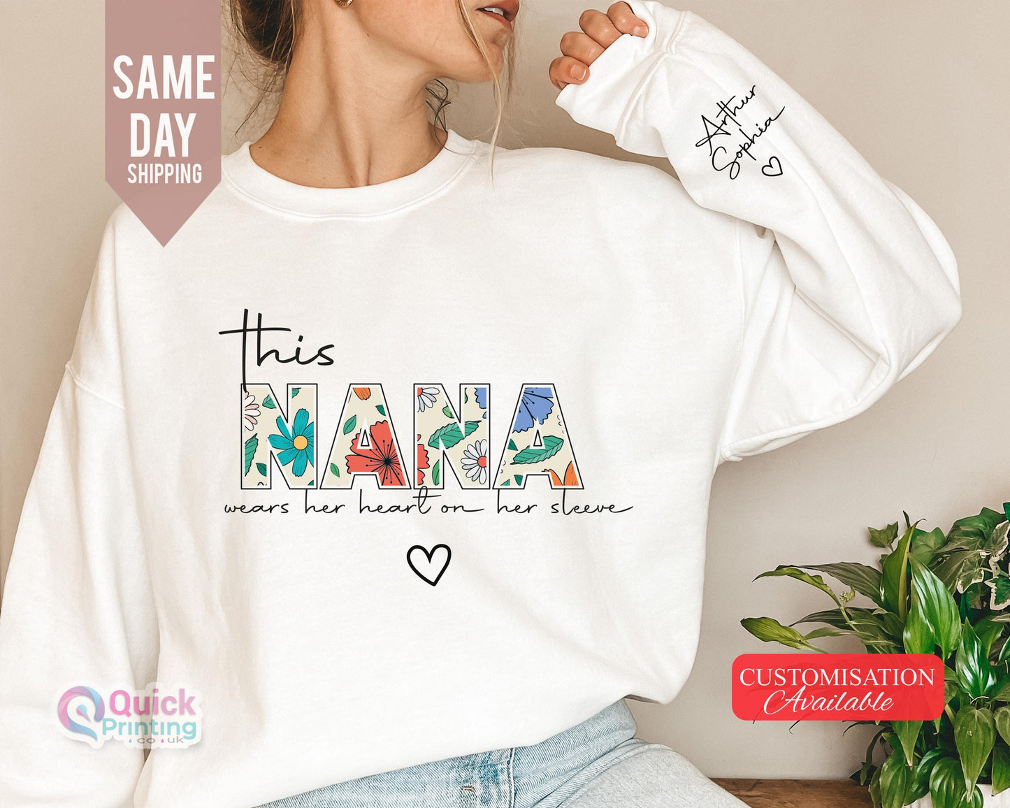 Nana sweatshirt 2025, Christmas Gift for Granny, Custom Sweatshirt for Nana, I Wear My Heart On My Sleeve, Sweatshirt with  Name on Sleeve