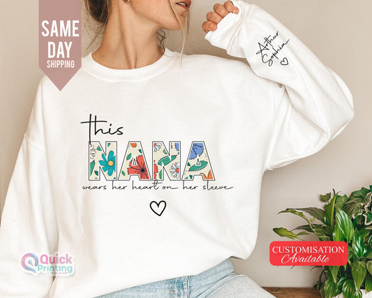 Nana sweatshirt 2025, Christmas Gift for Granny, Custom Sweatshirt for Nana, I Wear My Heart On My Sleeve, Sweatshirt with  Name on Sleeve