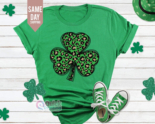Shamrock T-Shirt: Glitter Leopard Clover, St Patricks Day