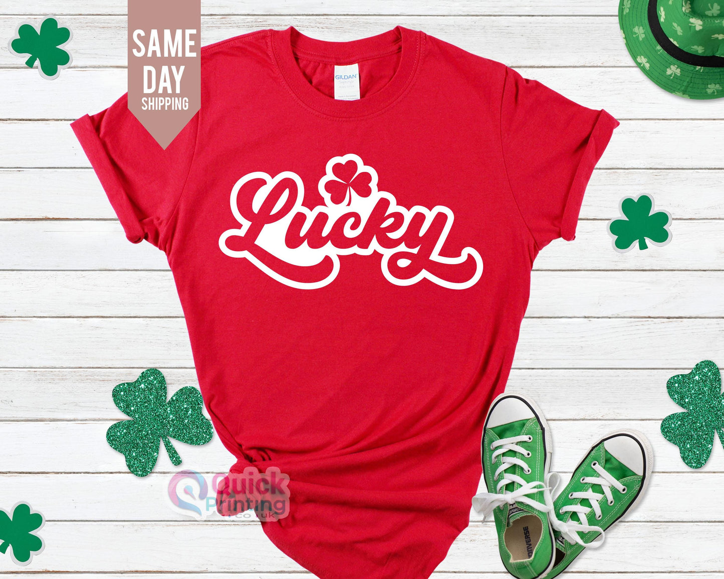 Lucky St. Patrick's Day T-Shirt: Shamrock Clover, Glitter Print