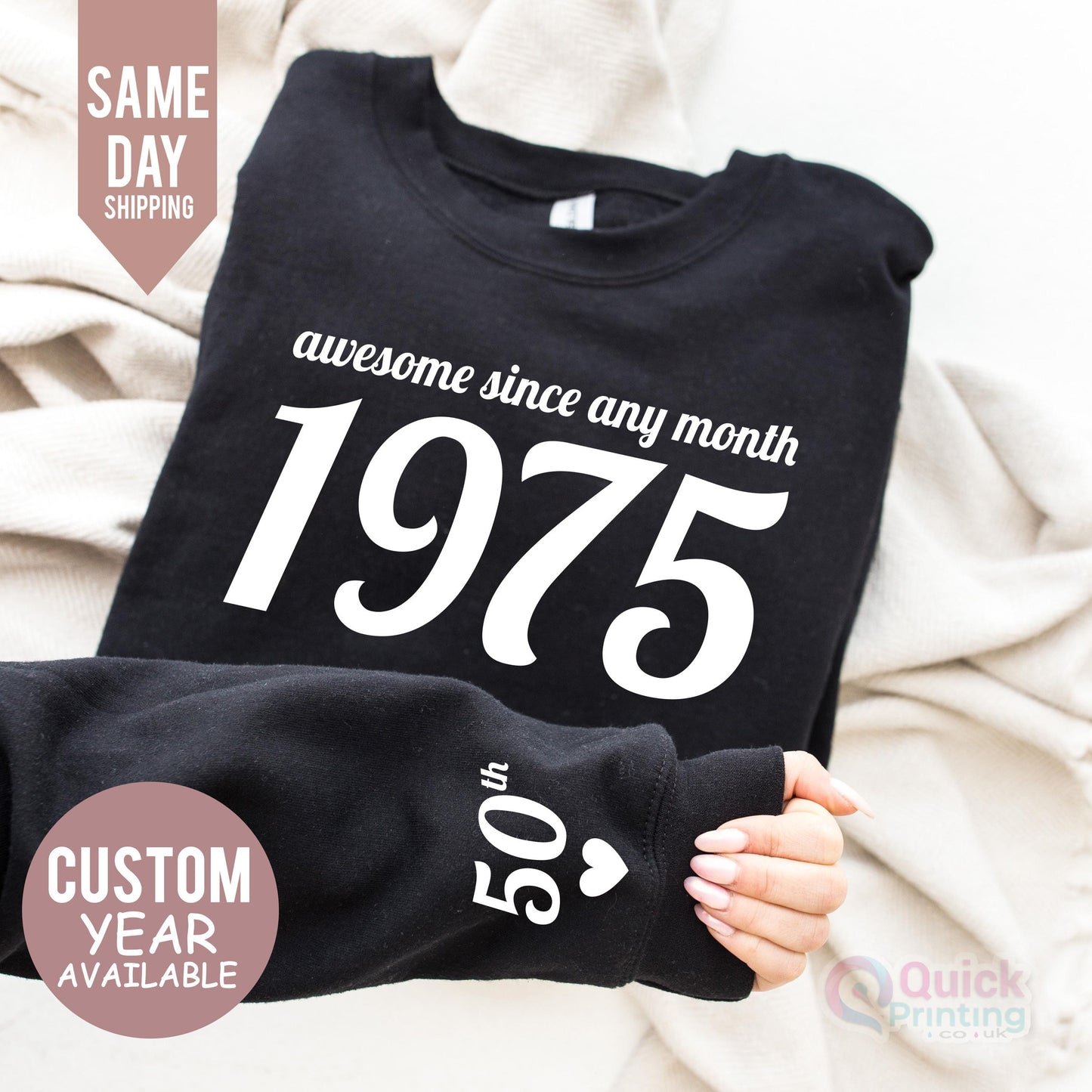 Custom 50th Birthday Sweatshirt: 1975 Year Number, Unisex Fit