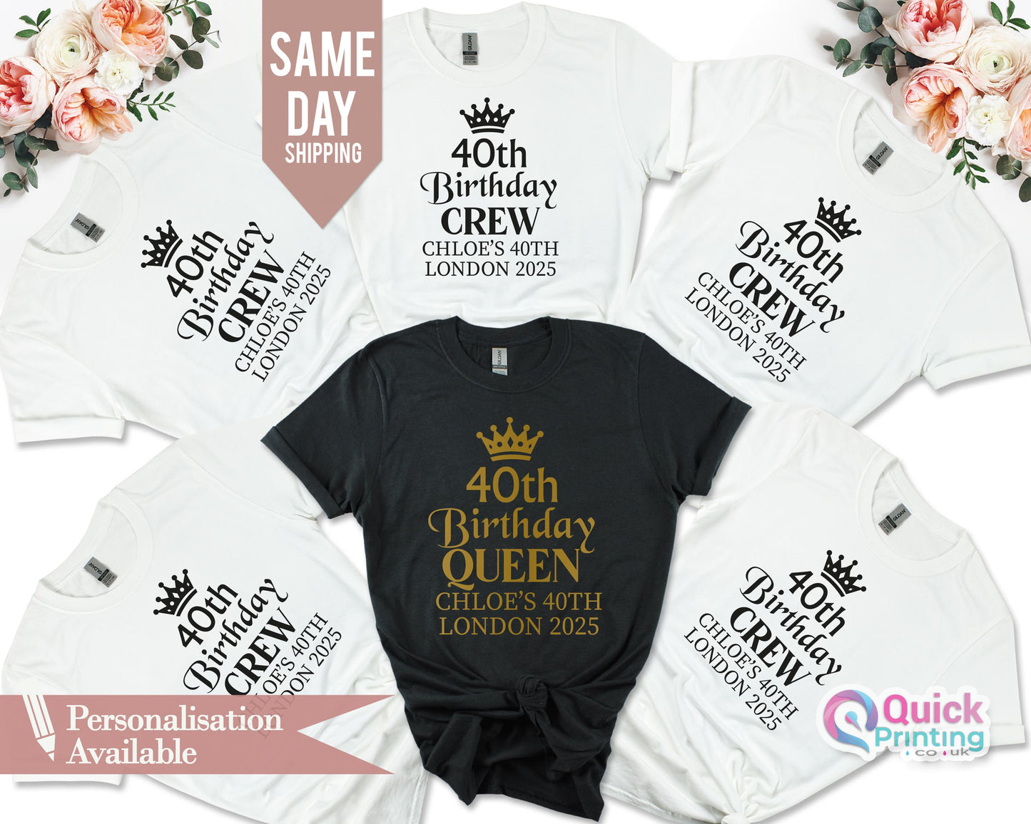 Personalized 40th Birthday Queen/Crew Shirt: Soft Cotton Birthday Party Top