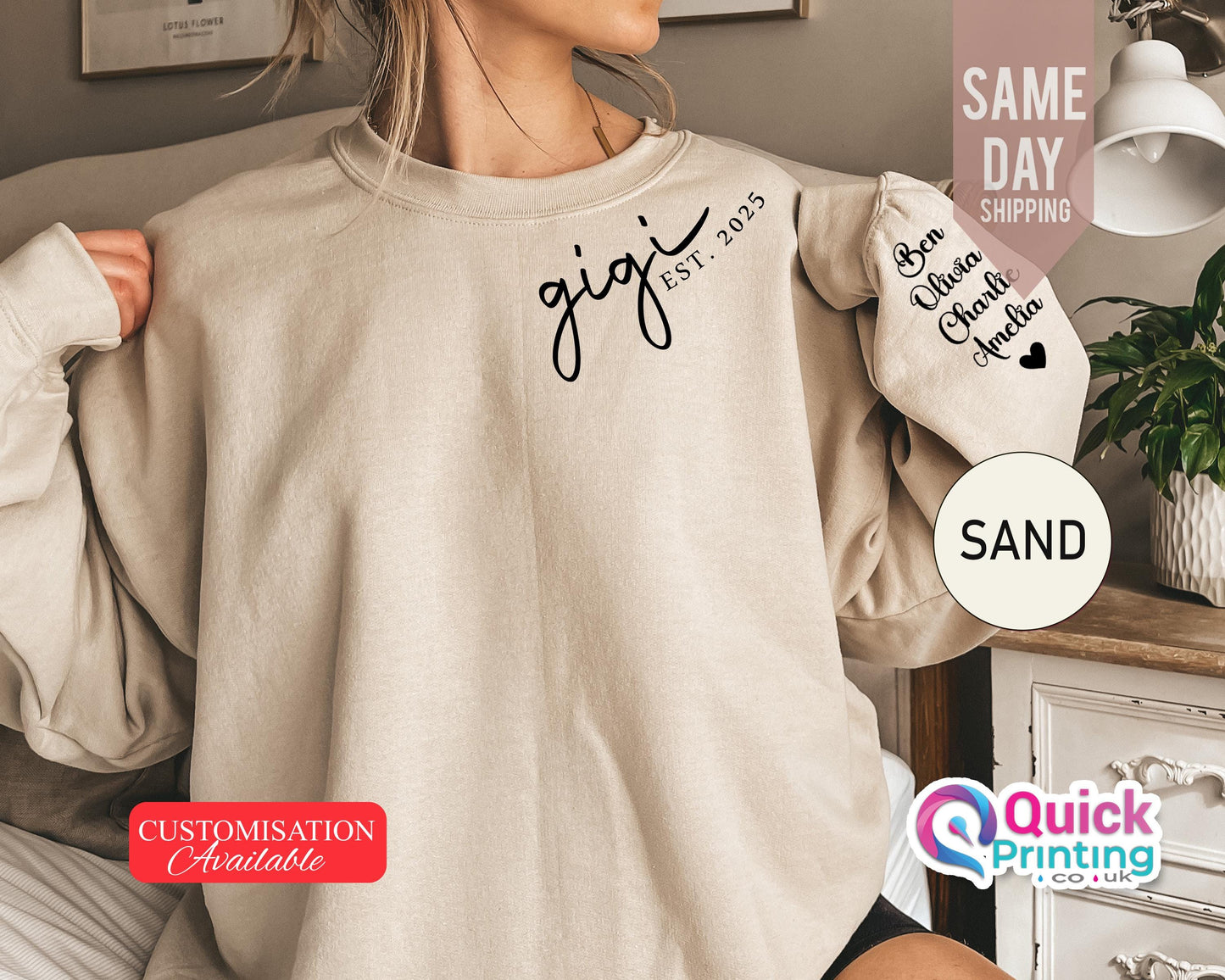 Personalized Gigi Sweatshirt Est Year with Names on Sleeve, Gigi Jumper, Mothers Day Gift, Birthday Gift for Grandma, New Grandma Sweater