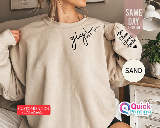 Personalized Gigi Sweatshirt Est Year with Names on Sleeve, Gigi Jumper, Mothers Day Gift, Birthday Gift for Grandma, New Grandma Sweater