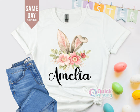 Personalized Easter Bunny Ears T-shirt: Floral Rabbit Spring Outfit