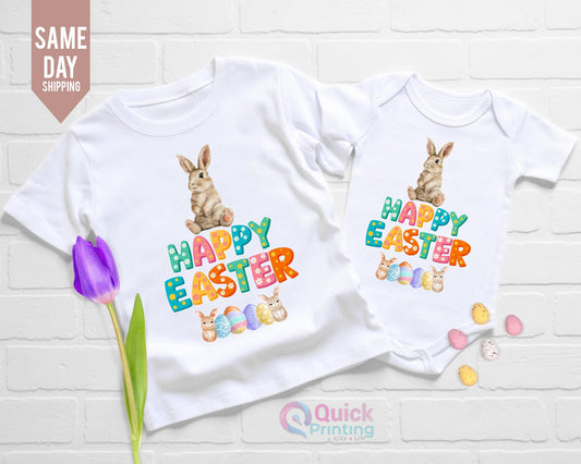 Personalised Easter T-shirt: Bunny & Eggs, White Cotton