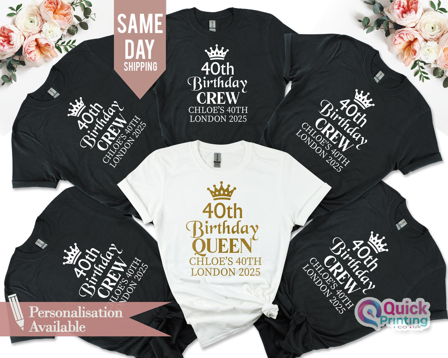 Personalized 40th Birthday Queen/Crew Shirt: Soft Cotton Birthday Party Top