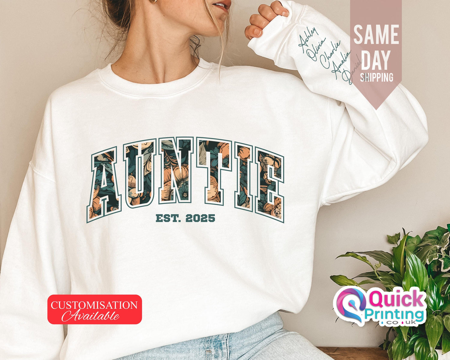 Personalized Auntie Sweatshirt: Floral Letter Print, Custom Names Sleeve