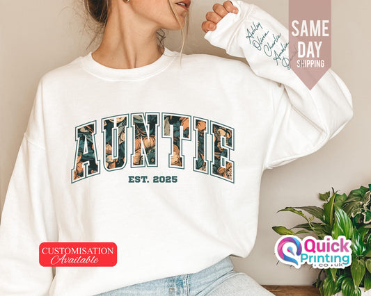 Personalized Auntie Sweatshirt: Floral Letter Print, Custom Names Sleeve