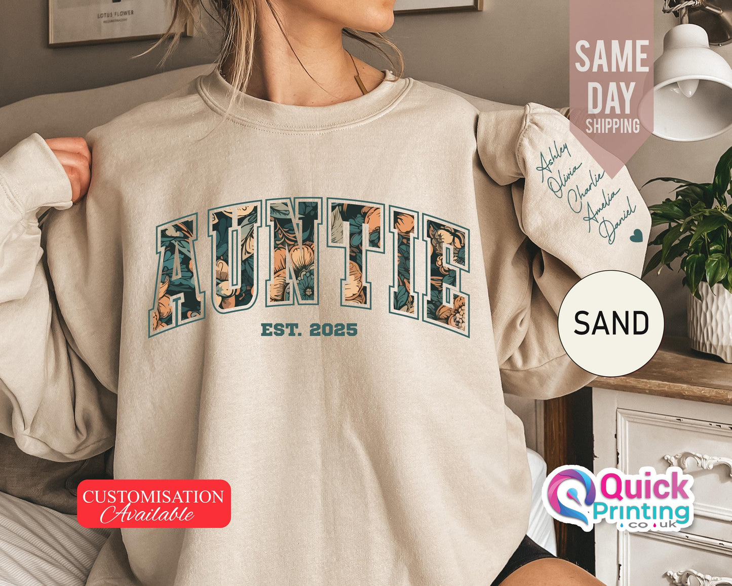 Personalized Auntie Sweatshirt: Floral Letter Print, Custom Names Sleeve