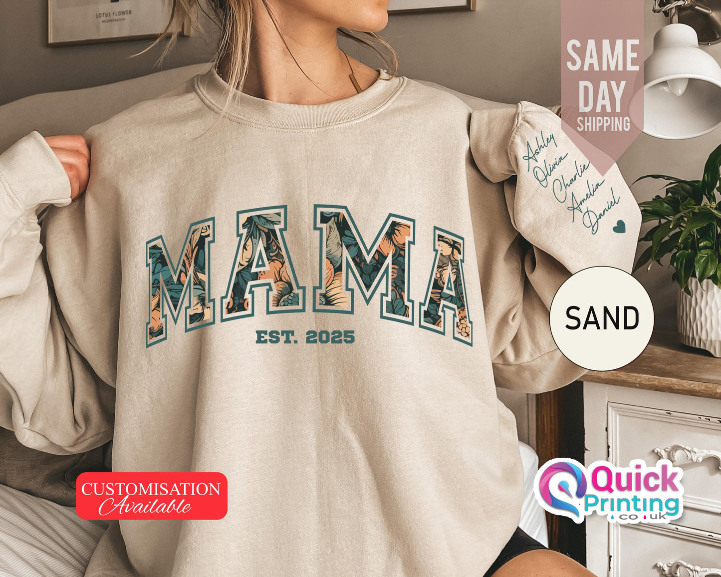 Custom Mama Sweatshirt with  Name on Sleeve, Mothers Day Jumper, Personalized mama jumper, Minimalist mammy jumper, Christmas Gift for Mama