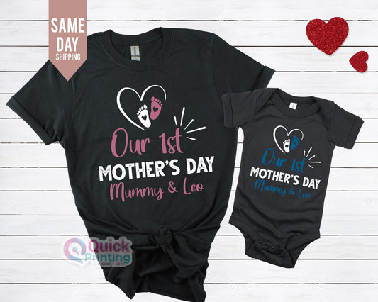 Personalized First Mother's Day Matching T-Shirt & Baby Bodysuit Set