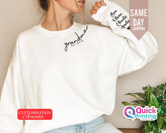 Personalized Grandma Sweatshirt Est Year with Names on Sleeve, Mama Jumper, Mothers Day Gift, Birthday Gift for Grandma, New Grandma Sweater