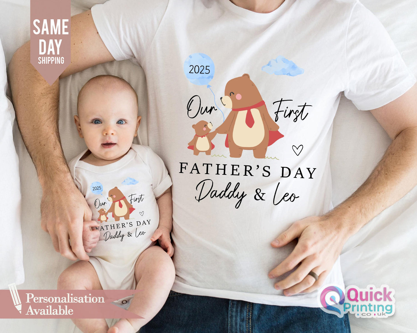 Personalized First Father's Day Bear Shirt & Baby Vest Set