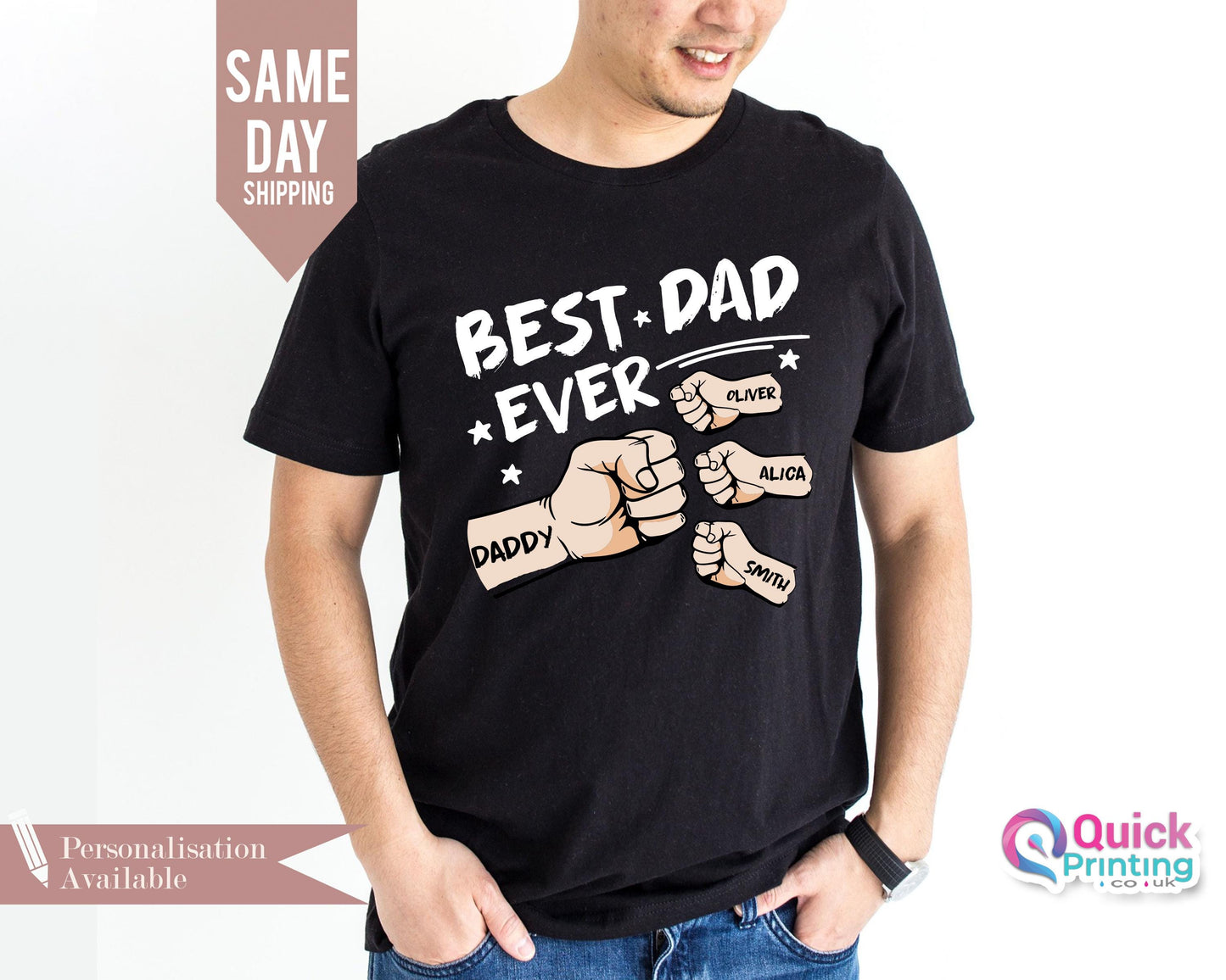 Best Dad Ever Shirt, Fist Bump Father's Day Shirt 2026, Best Daddy Papa Ever Tshirt, Custom Name Hand Kid Names gift, Best Dad T-shirt 2026
