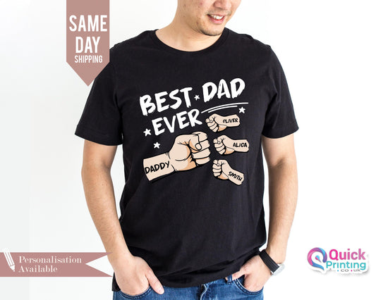 Best Dad Ever Shirt, Fist Bump Father's Day Shirt 2026, Best Daddy Papa Ever Tshirt, Custom Name Hand Kid Names gift, Best Dad T-shirt 2026