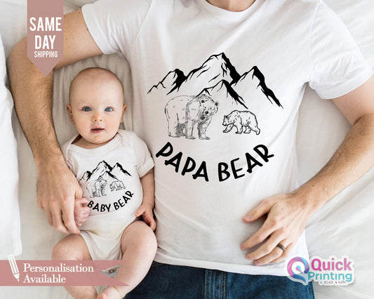 Papa Bear Baby Bear Matching T-Shirt, New Dad Gift, Mama Daddy Bear Tees, Custom First Fathers Day Dad & Kids Shirt,Dad and Son Birthday Top