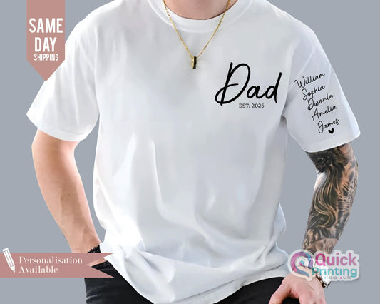 Custom Dad Shirt 2026, Personalized Father's Day Shirt With Kids Names On the Sleeve, Dad Est Year Shirt, First Baby Announcement Gifts 2025