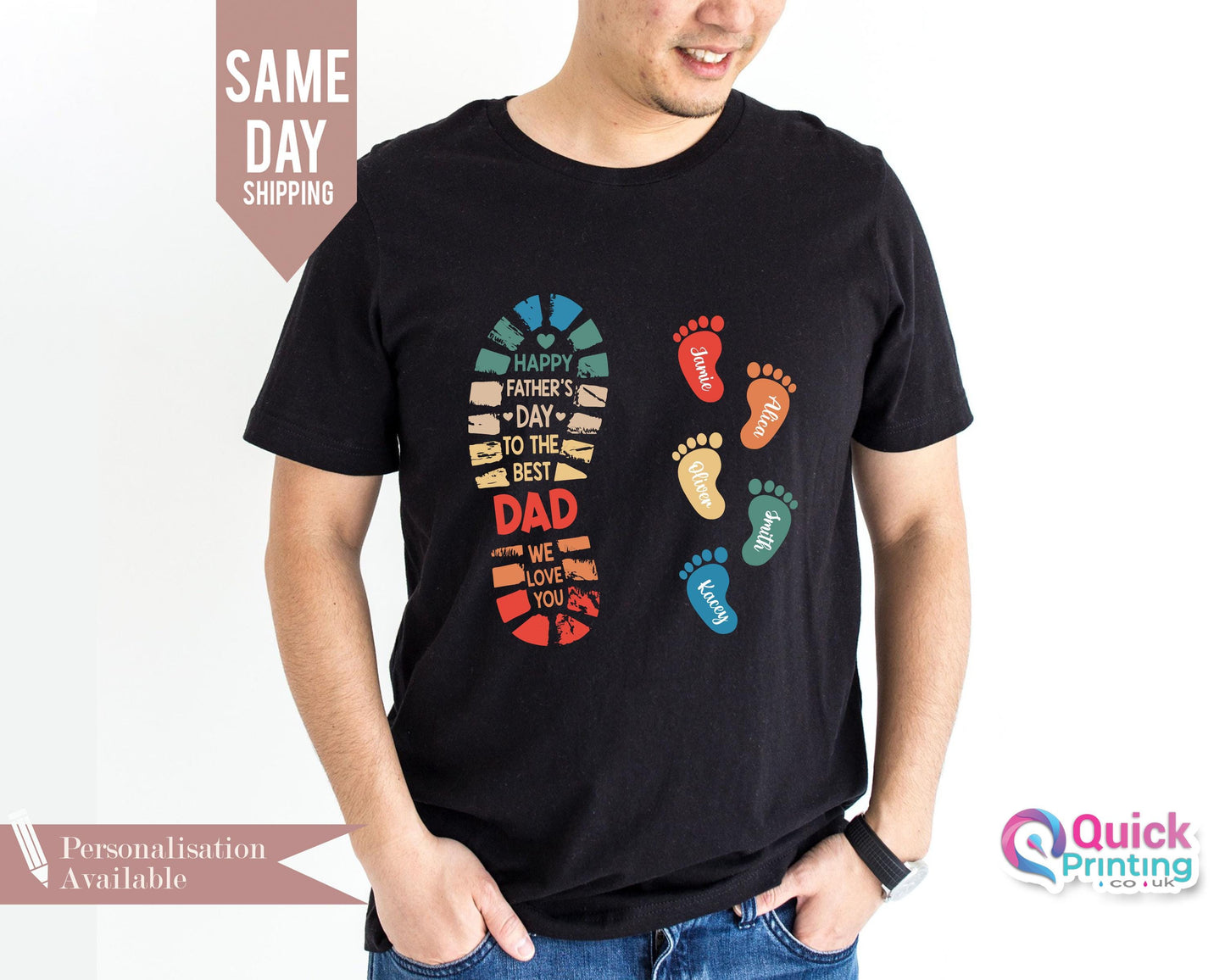 Dad and Kids Footprints T-Shirt, Dad Shirt 2026, Personalized Dad And Kids Footprints Names Shirt, Daddy Shirt From Kids, Custom Dad Shirt