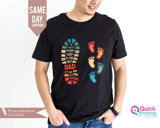 Dad and Kids Footprints T-Shirt, Dad Shirt 2026, Personalized Dad And Kids Footprints Names Shirt, Daddy Shirt From Kids, Custom Dad Shirt
