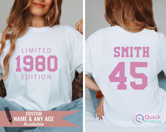 Custom age T-shirt, Limited Edition 1980 T-shirt, 1980 Pink T-shirt, Personalised 40th Birthday Shirt, 1985 Vintage Birthday T-shirt Woman T
