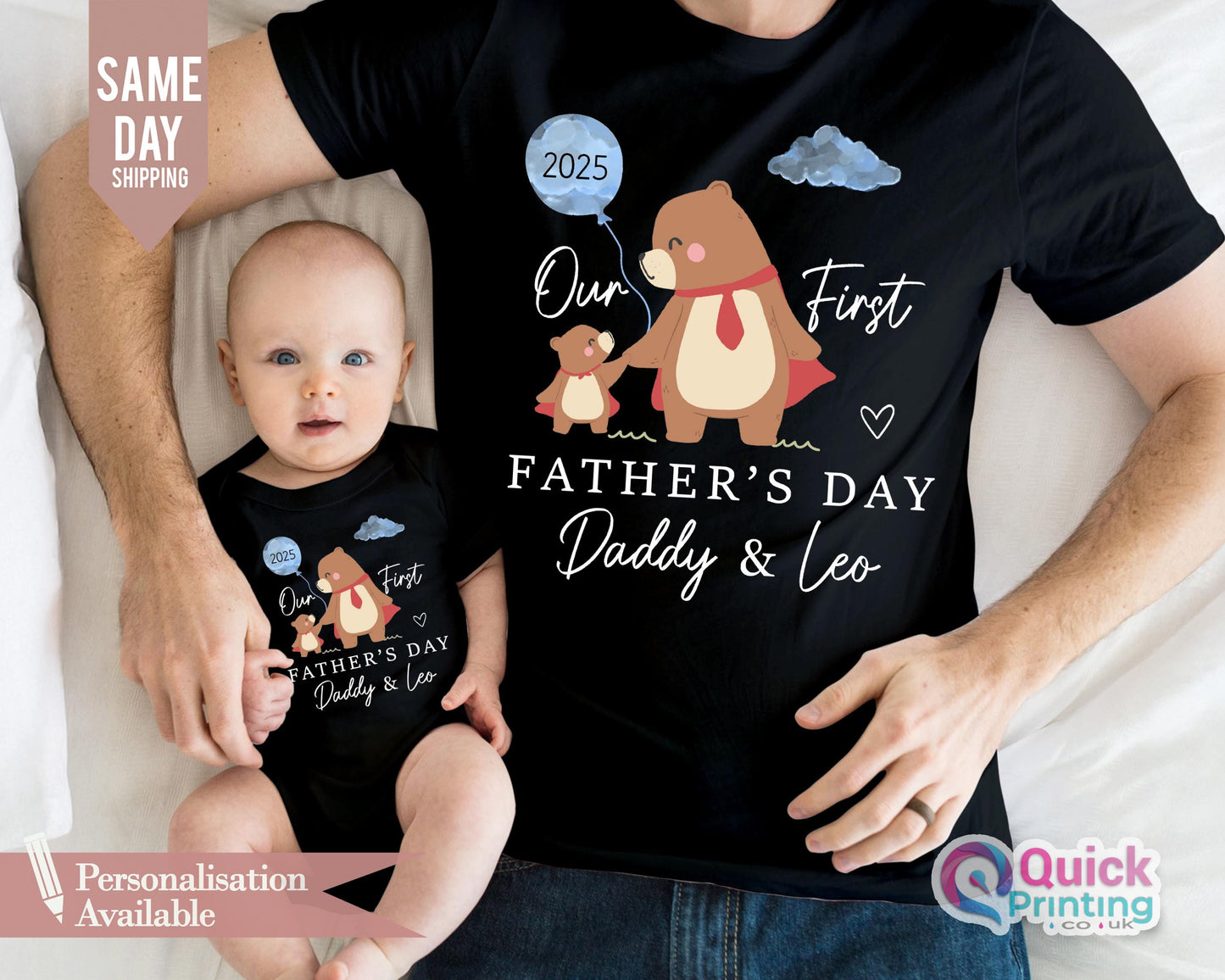 Personalized First Father's Day Bear Shirt & Baby Vest Set