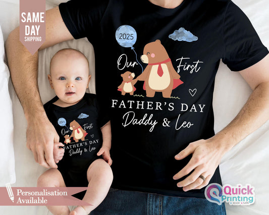 Personalized First Father's Day Bear Shirt & Baby Vest Set