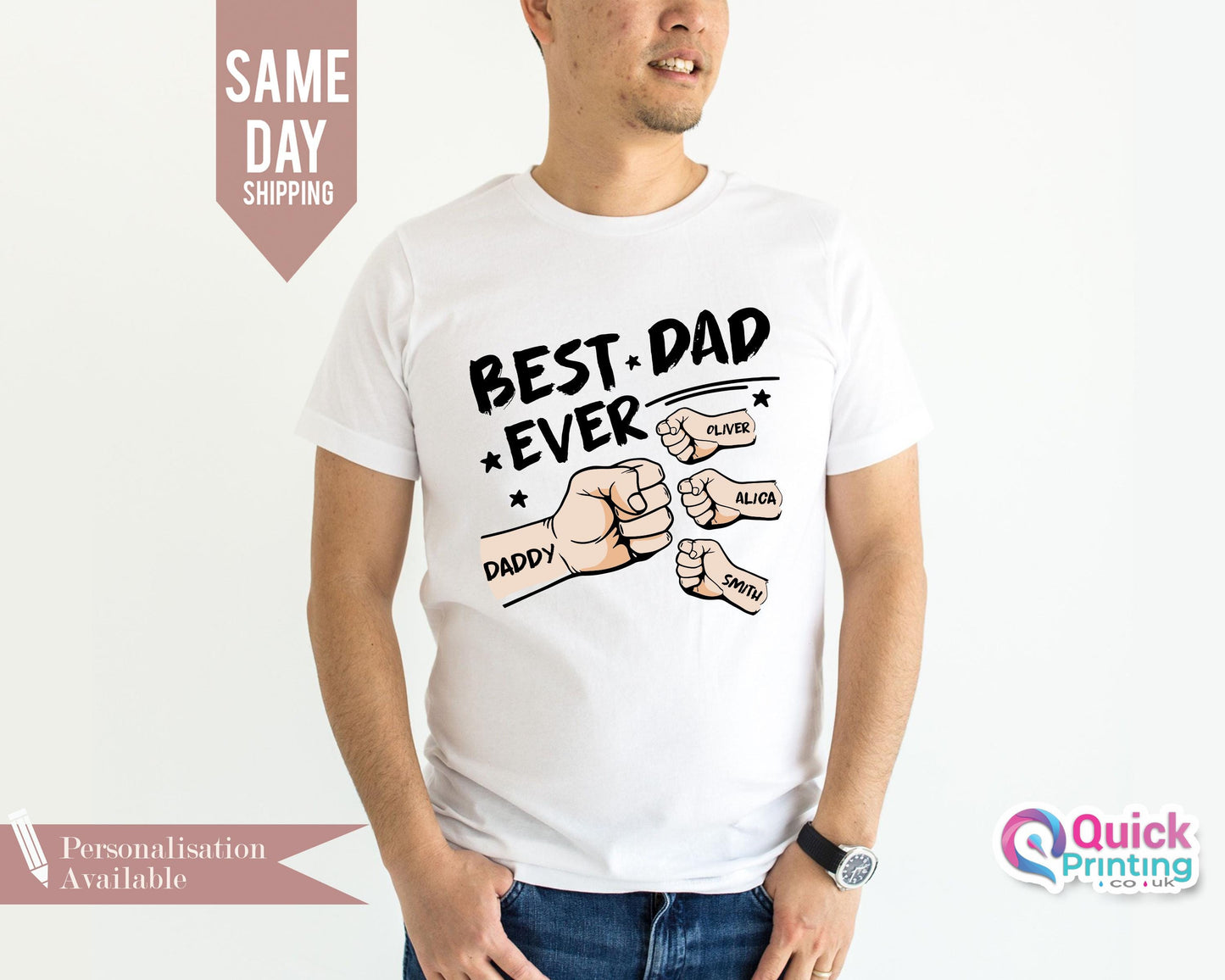 Best Dad Ever Shirt, Fist Bump Father's Day Shirt 2026, Best Daddy Papa Ever Tshirt, Custom Name Hand Kid Names gift, Best Dad T-shirt 2026