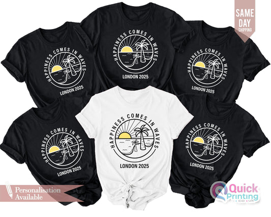 Happiness Comes in Waves T-Shirt: Custom Summer Vacation Tee