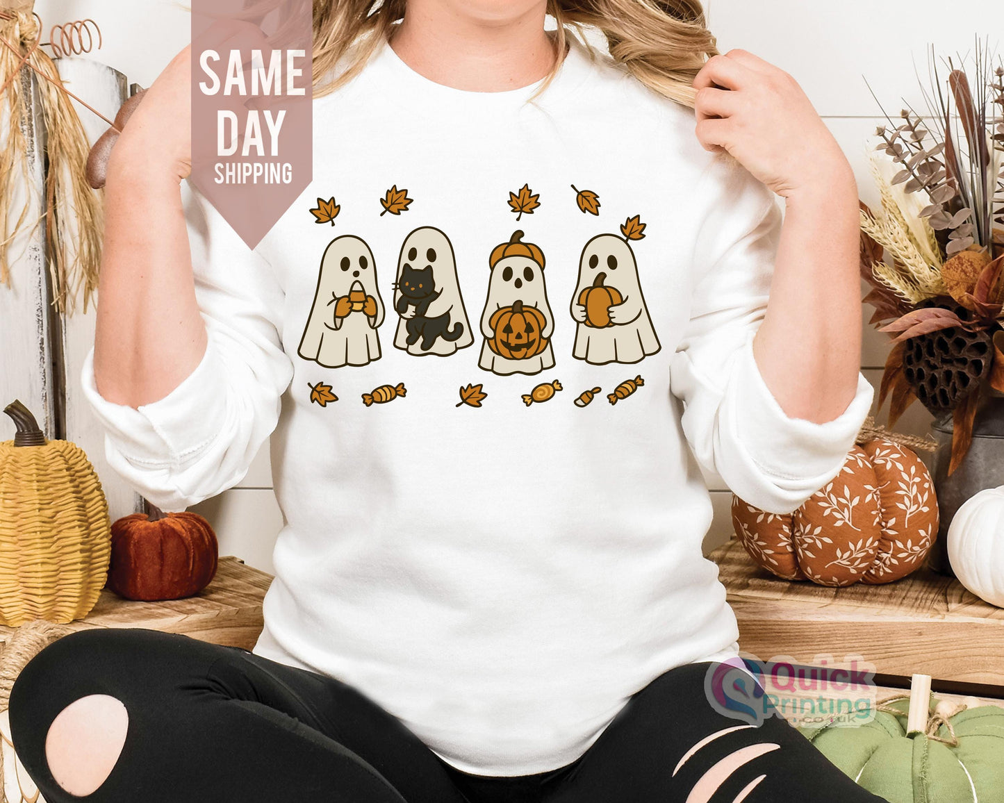 Spooky Season Sweatshirt: Ghost & Pumpkin Halloween Jumper