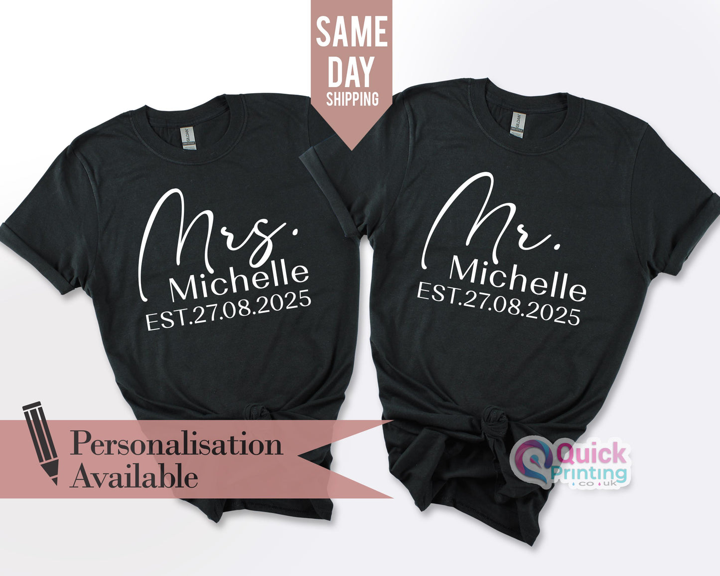Mr Mrs Est. Personalised Name & Date T-Shirt, Ladies men's t-shirt 2026, Husband and Wife Couples Honeymoon Shirt, Honeymooning Anniversary