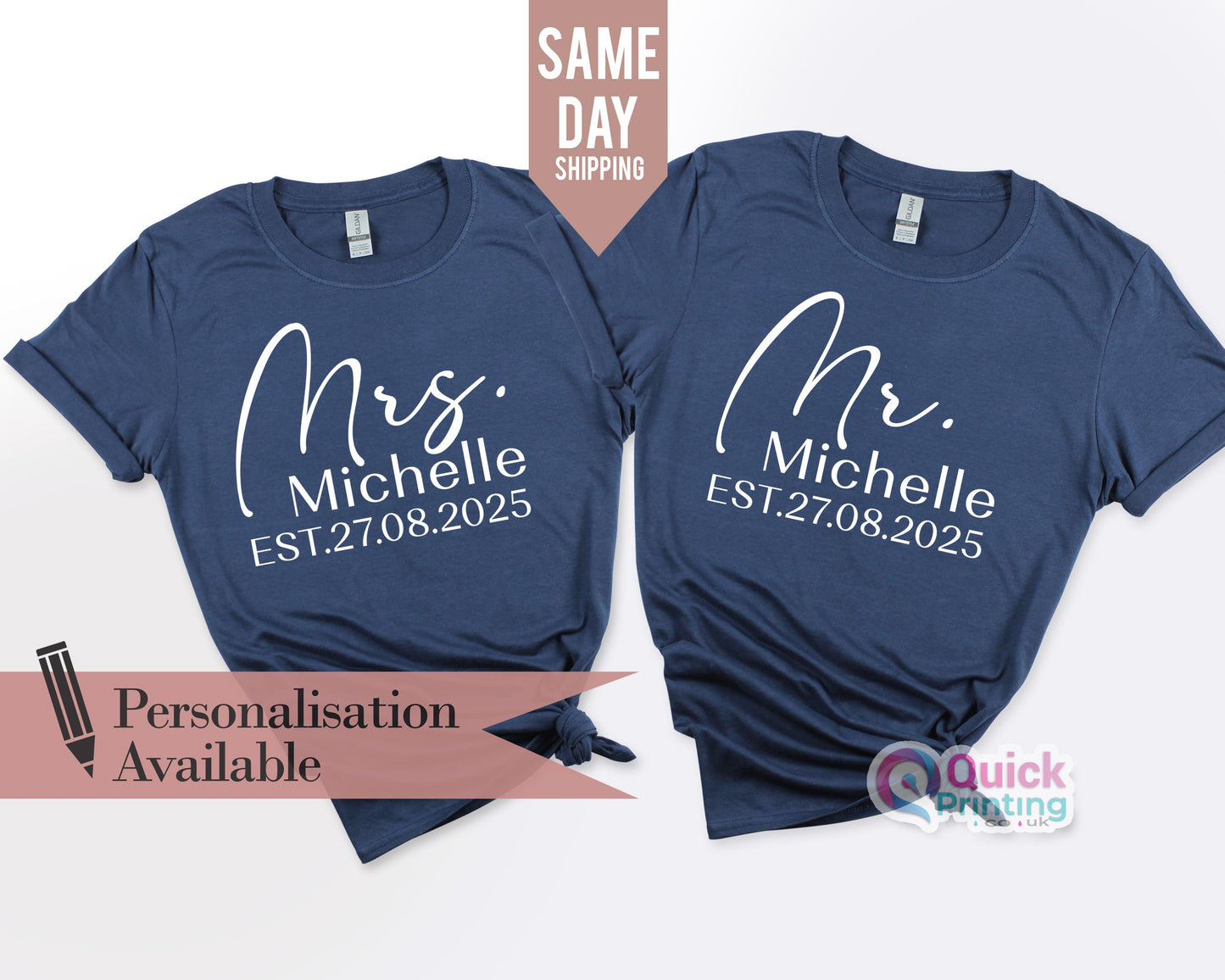 Mr Mrs Est. Personalised Name & Date T-Shirt, Ladies men's t-shirt 2026, Husband and Wife Couples Honeymoon Shirt, Honeymooning Anniversary