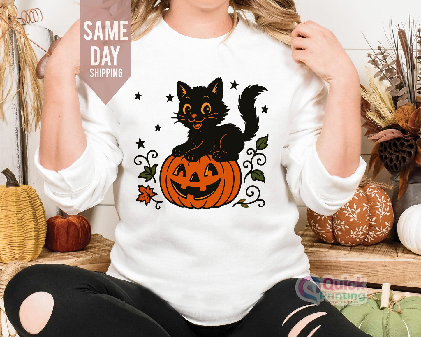 Vintage Black Cat Sweatshirt: Halloween Pumpkin Crewneck
