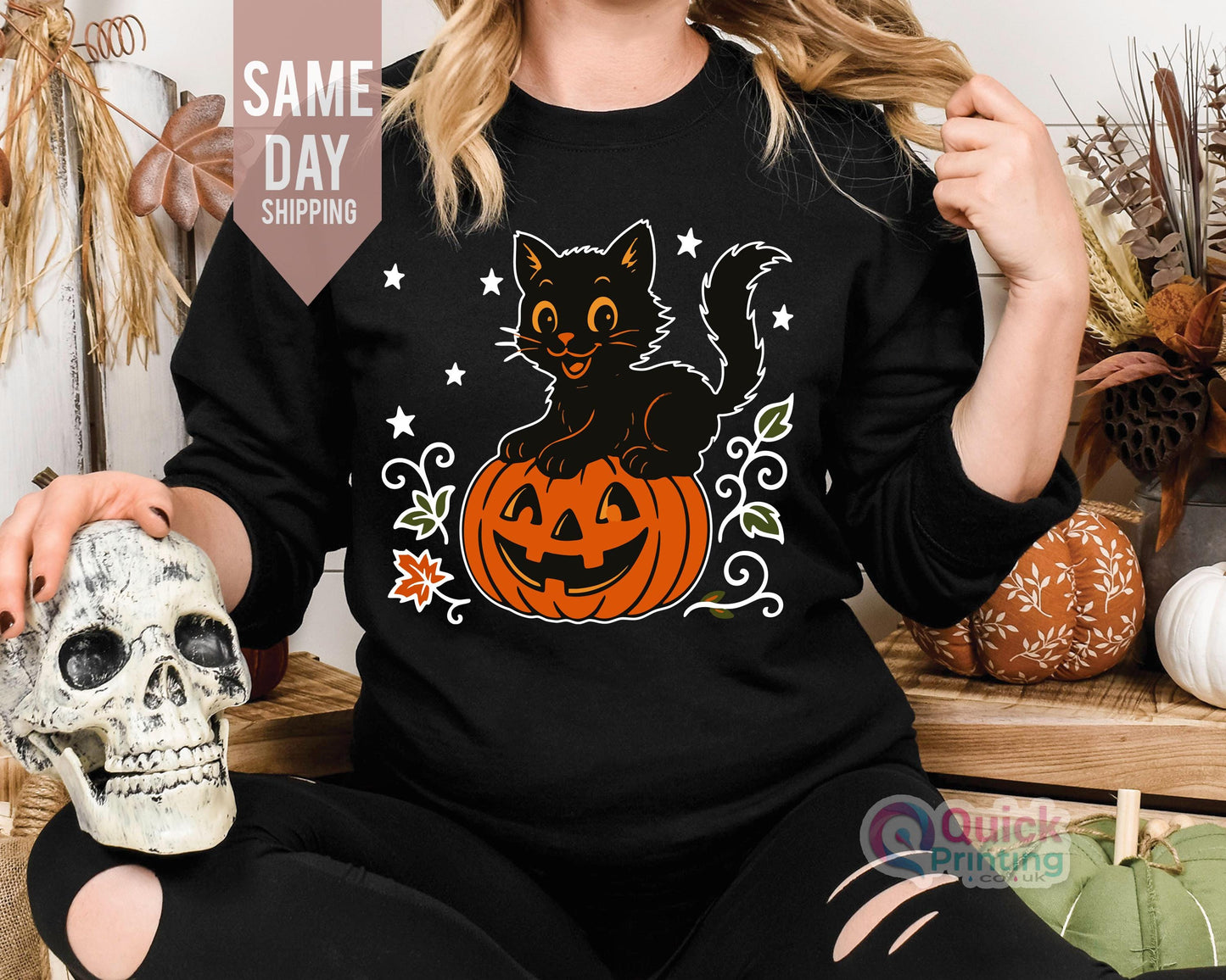 Vintage Black Cat Sweatshirt: Halloween Pumpkin Crewneck
