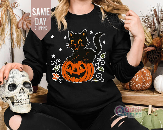 Vintage Black Cat Sweatshirt: Halloween Pumpkin Crewneck