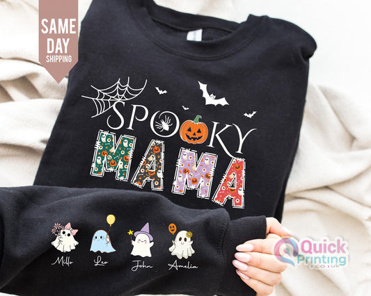 Spooky Mama Halloween Sweatshirt: Custom Kids Names, Unisex Jumper