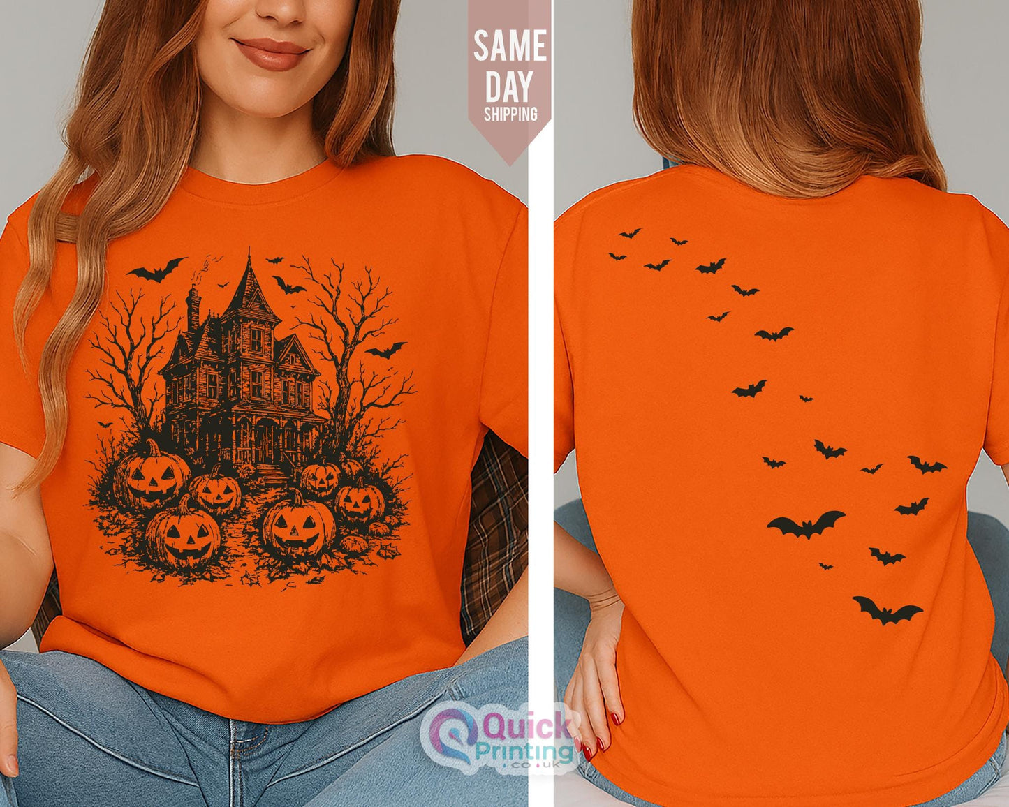 Vintage Haunted House Halloween Tee: Spooky Ghost Couple Shirt, Bats Spooky 100% cotton T-Shirt