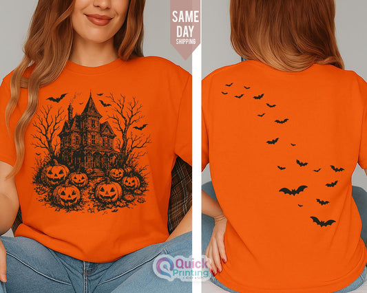 Vintage Haunted House Halloween Tee: Spooky Ghost Couple Shirt