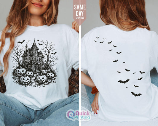 Vintage Haunted House Halloween Tee: Spooky Ghost Couple Shirt, Bats Spooky 100% cotton T-Shirt
